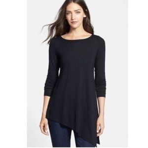 Eileen Fisher Bateau Neck Asymmetrical Jersey Tunic Shirt Slant Hem Black Small
